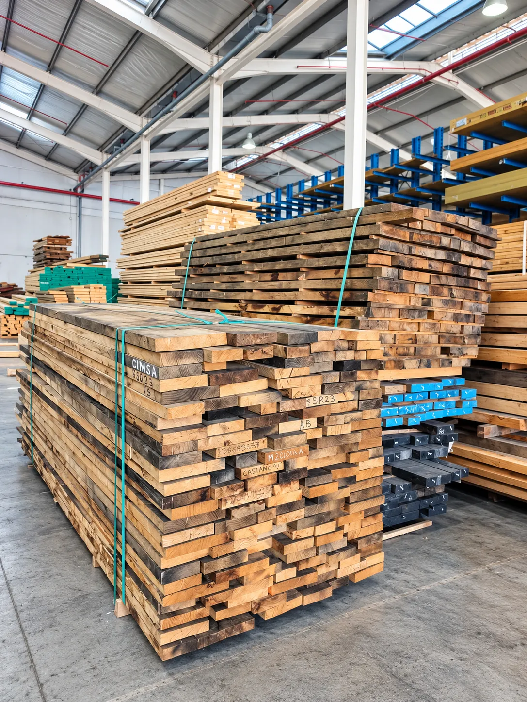 Paquetes de tablones de madera maciza flejados en el almacén de CIMSA, con estanterías de madera al fondo