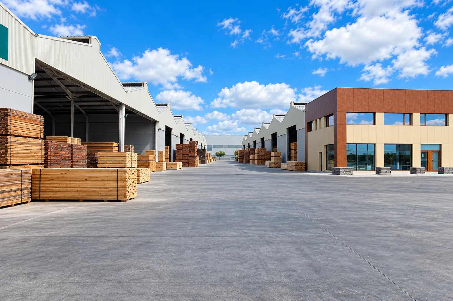 Patio del almacén de CIMSA en Palma: madera apilada bajo las naves y, al fondo, el edificio de oficinas