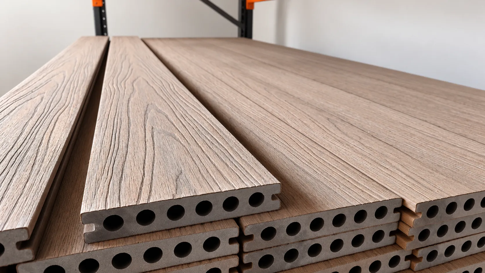 Tablas de tarima de exterior con perfil alveolar, apiladas en una estantería del almacén